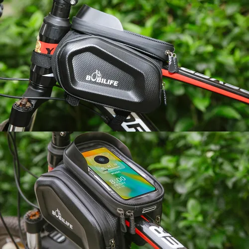 Vista 3 de Bolsa de tubo para marco de bicicleta con soporte táctil para teléfono, bolsa frontal impermeable de dos lados para manillar gemelos con bolsa