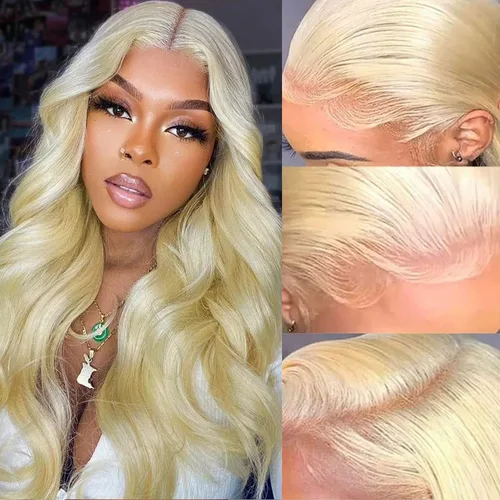 Vista 29 de Pelucas de encaje frontal de 13x4 Highlight Ombre de cabello humano ondulado 4/27 color rubio miel 9A sin pegamento HD encaje frontal transparente
