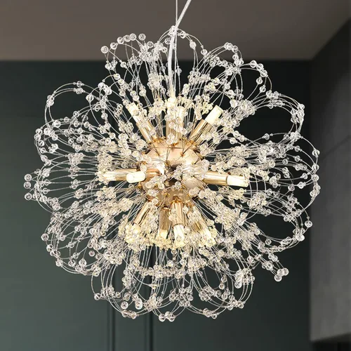 Vista 10 de Candelabros de cristal de fuegos artificiales, moderna lámpara de diente de león cromada, lámpara colgante Sputnik de 8 luces para dormitorio, isla