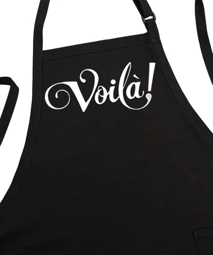Vista 2 de Voila - Delantales de cocina para mujeres y hombres, negro, ajustable, dos bolsillos delanteros, divertido y lindo delantal de cocina francesa