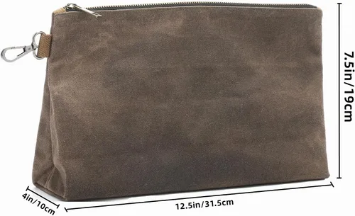 Vista 2 de Bolsa de herramientas de lona encerada, bolsa de herramientas resistente con cremallera suave y bolsa multiusos con mosquetón Gris/Marrón/Negro