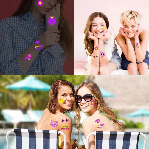 Vista 6 de Konsait Tatuajes temporales de neón, 48 estilos Tatuajes de vaquera de discoteca rosa con luz negra para despedidas de soltera y fiestas