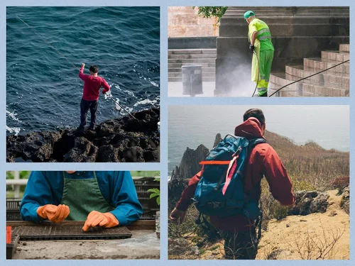 Vista 6 de Rizzon Traje de lluvia de pesca para hombre, impermeable, chaqueta de lluvia, pantalones con capucha, equipo de clima sucio marino