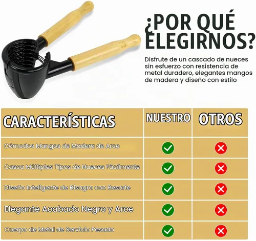 Vista 4 de Iconikal Cascanueces de cuerpo metálico resistente con mango de madera, negro y arce - fácil cascanueces para nueces, almendras, pecanas