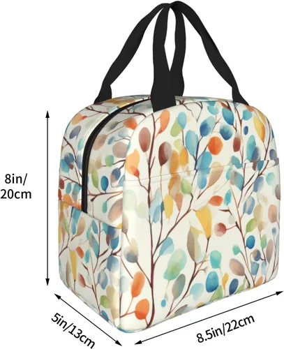Vista 2 de Giwawa Bolsa de almuerzo aislada con hojas coloridas de acuarela, color gris, amarillo, con flores silvestres, reutilizable, térmica, impermeable