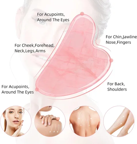 Vista 3 de Herramienta facial Gua Sha, herramienta Guasha para masajeador facial y corporal, piedras naturales, cuarzo rosa, raspado y terapia de acupuntura