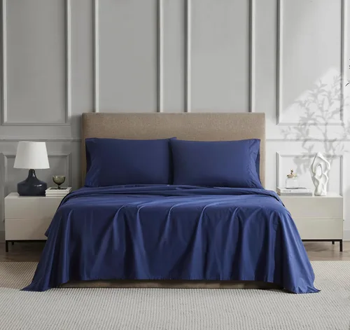 Vista 6 de Linen Closet Sábana bajera ajustable de 100% algodón solamente - Tamaño Full, azul - Tejido de percal nítido, fresco y transpirable, bolsillo