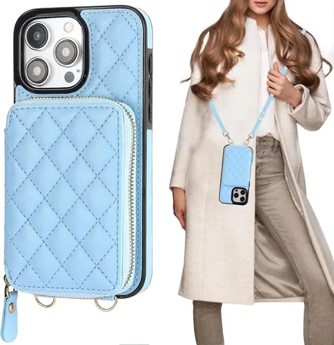 Vista 17 de Bocasal Funda tipo cartera cruzada para iPhone 15 Pro Max, con bloqueo RFID, de piel sintética, con cremallera, funda tipo cartera con función atril