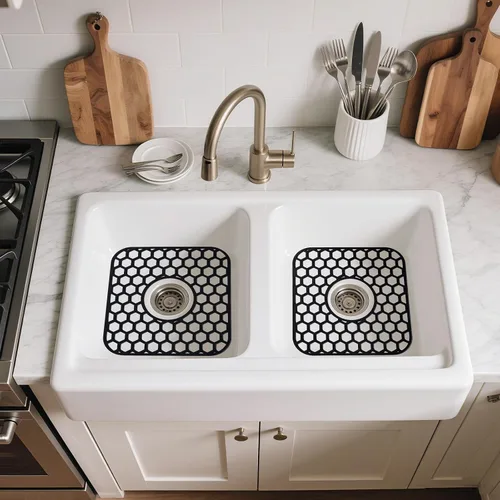 Vista 7 de Bestjing Paquete de 2 protectores de silicona para fregadero de cocina, accesorio de rejilla de cocina de 12 x 11 pulgadas, tapete antideslizante