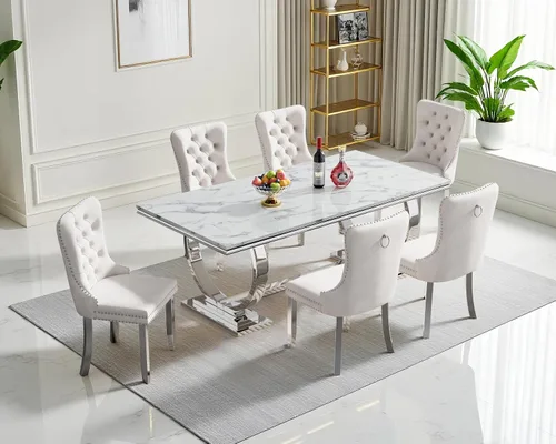 Vista 42 de Juego de mesa de comedor de mármol para 4, mesa de cocina rectangular de mármol blanco de 70 pulgadas con base en O de acero inoxidable dorado