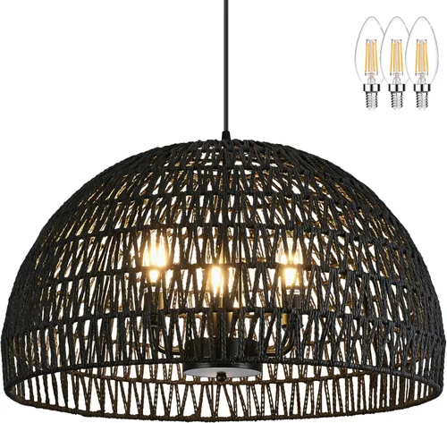 Vista 10 de Ayshwill Dec Lámpara de araña negra tejida estilo boho de ratán y mimbre con cúpula, lámpara colgante para comedor, dormitorio, isla de cocina