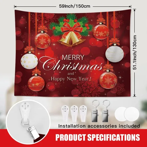 Vista 4 de OTOSTAR Tapiz de Navidad con diseño de bola de Navidad, Feliz Navidad y Feliz Año Nuevo, tapiz para colgar en la pared, adornos de Navidad, adornos