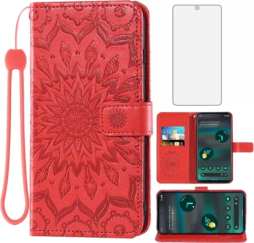 Vista 9 de Asuwish Funda de teléfono para Google Pixel 6A 5G 2022 con protector de pantalla de vidrio templado y piel de girasol, funda delgada con tapa