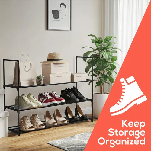 Vista 3 de Zapatero negro de 3 niveles, estante grande de 36 pulgadas con capacidad para 15 pares de zapatos, zapatero resistente para entrada, dormitorio