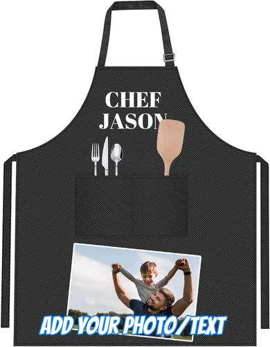 Vista 11 de Delantal personalizado con logotipo de imagen de texto para mujeres y hombres, delantales de cocina personalizados con bolsillos delantal