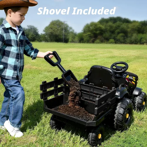 Vista 5 de Hikiddo Juguete tractor de paseo para niños de 24 V, tractor eléctrico para niños de 3 a 8 años con remolque, motores de 2 x 200 W, color negro