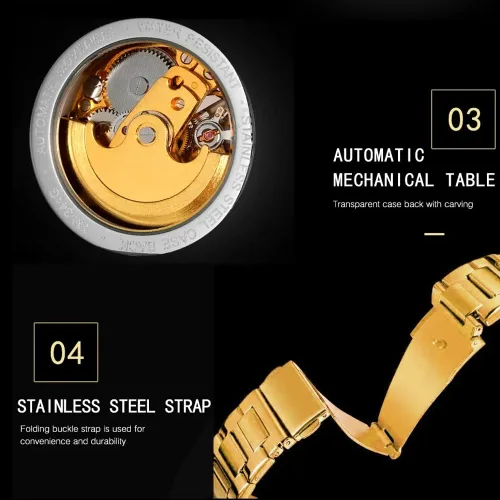 Vista 6 de Tiong Relojes automáticos de moda Reloj de pulsera mecánico dorado para hombre Relojes esqueleto con esfera transparente de acero inoxidable