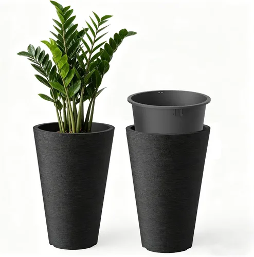 Vista 16 de Kante Juego de 2 Macetas Redondas Altas, Macetas Decorativas de 13 Pulgadas de Alto para Exterior Interior Jardín Patio Porche Delantero (Negro)