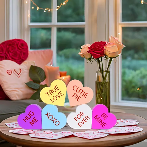 Vista 4 de Decoración del Día de San Valentín, 6 Letreros de Corazón de Madera con Doble Impresión para el Hogar, Mesa, Bandeja Escalonada, Repisa de Chimenea