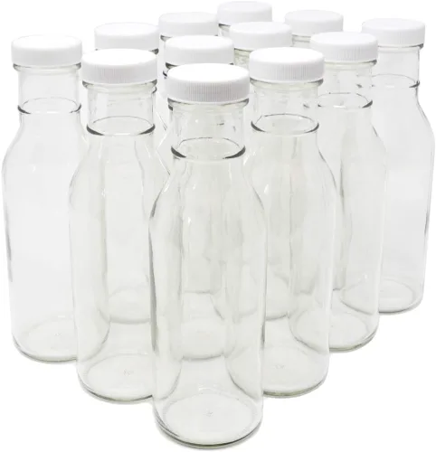 Vista 4 de nicebottles Botellas de vidrio transparente para bebidas/salsas, 12 onzas, tapas negras, caja de 12
