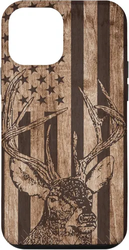 Vista 16 de Funda de madera para iPhone 16 con diseño de ciervo de cola blanca para caza cazador de bandera estadounidense