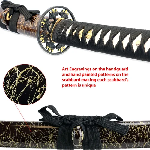 Vista 3 de Vulcan Gear Espada samurái katana japonesa de hoja negra sagrada hecha a mano con soporte de espada de madera y vaina