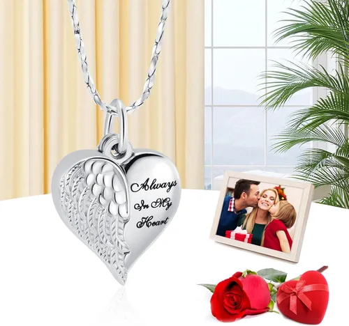 Vista 7 de Imrsanl Joyería de cremación para cenizas, collar de urna de corazón, colgantes, cenizas para mujeres, hombres, recuerdo familiar, ala de ángel