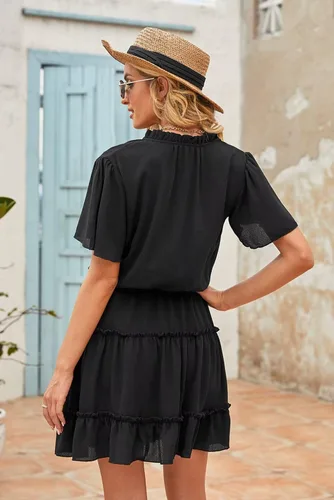 Vista 5 de Dokotoo Vestido de manga corta con cuello en V y volantes para mujer, para primavera y verano, 2025, elegante, mini falda corta