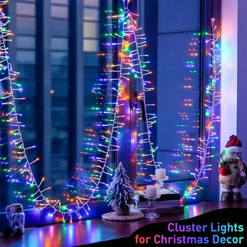 Vista 4 de JMEXSUSS 400 luces LED multicolor en racimo enchufables, luces de cadena navideñas de 20 pies para exteriores impermeables con control remoto, 8