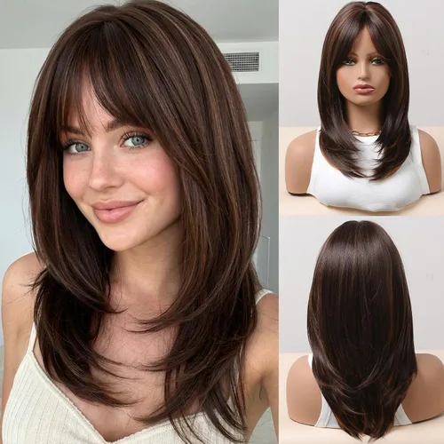 Vista 16 de HAIRCUBE Pelucas largas de color marrón oscuro con reflejos para mujer, peluca de pelo sintético rizado ondulado para uso diario