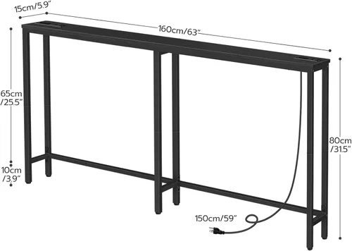 Vista 3 de HOOBRO - Mesa de consola estrecha de 63" con estación de carga, mesa de sofá de 5.9" con 2 tomas de corriente y puertos USB, mesas largas de entrada
