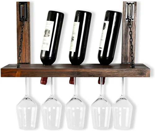 Vista 7 de WELLAND Estante de vino montado en la pared con soporte para vidrio, estante flotante para vino y estante de vidrio para decoración del hogar