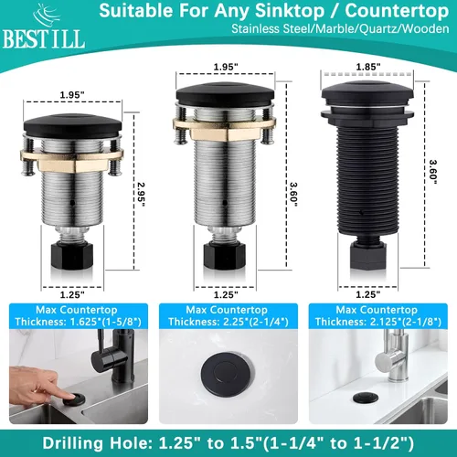 Vista 7 de BESTILL Kit de interruptor de aire superior para eliminación de basura, botón negro mate de 3.6 pulgadas de largo con cubierta de latón, módulo
