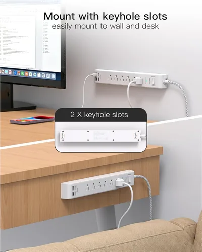 Vista 7 de Paquete de 2 regletas de alimentación, cable de extensión de 3 pies, protector de sobretensiones con 6 tomas de corriente y 4 puertos USB (2 USB C)