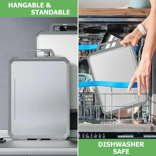 Vista 8 de FYNIX Tabla de cortar de acero inoxidable con labio, tabla de cortar grande reversible con afilador de cuchillos, ranura para jugos, resistente al