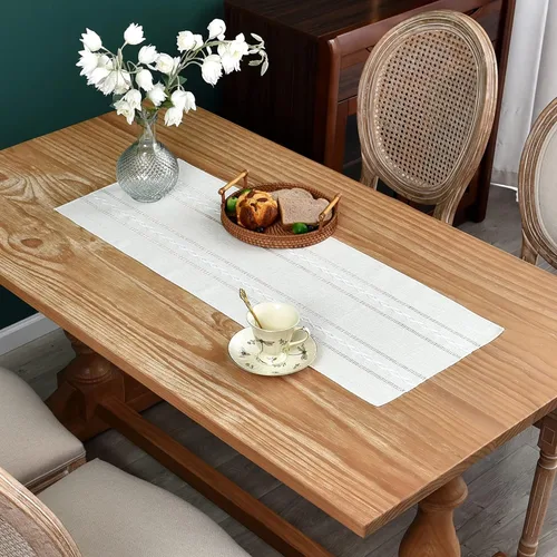 Vista 15 de Camino de mesa rústico de granja con rayas trenzadas, caminos de mesa bordados, decoraciones de mesa para cocina, sala de estar, comedor, días