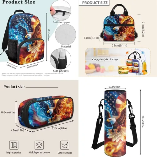 Vista 5 de Bulopur Eagle American Flag Print Kids Backpack Boys Elementary School 17 Inch Bookbag With Lunch Bag Water Bottle Holder Keychain Pencil Case 5