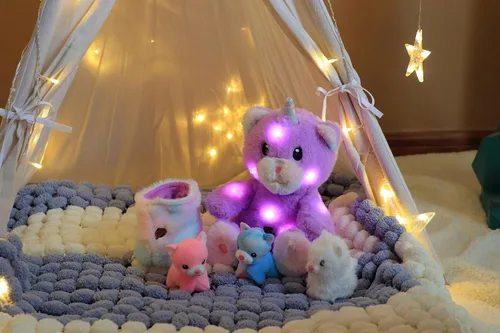 Vista 9 de Hopearl Gato de peluche LED con cubo extraíble que ilumina a mamá gata, con 3 gatitos en la canasta, juego de animales de peluche con luces