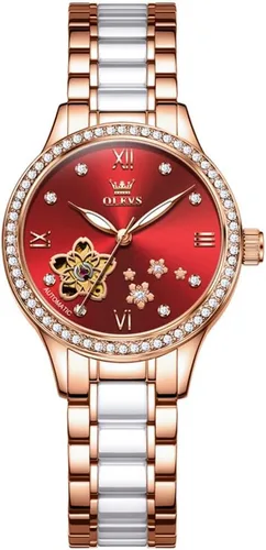 Vista 9 de OLEVS Relojes automáticos para mujer, reloj de vestir de lujo con diamantes para mujer, correa de cerámica de cuerda automática, impermeable, juego