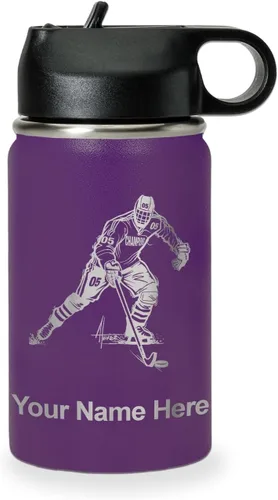 Vista 36 de LaserGram Botella de agua personalizada, jugador de hockey, acero inoxidable de doble pared aislada al vacío con popote superior, regalo grabado