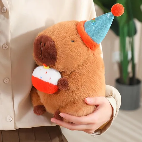 Vista 2 de Peluche de Capibara con Sombrero de Cumpleaños Azul y Lazo de 9 Pulgadas, Lindo Animal de Peluche Suave para Fiestas, Decoración de Fiesta, Juguetes