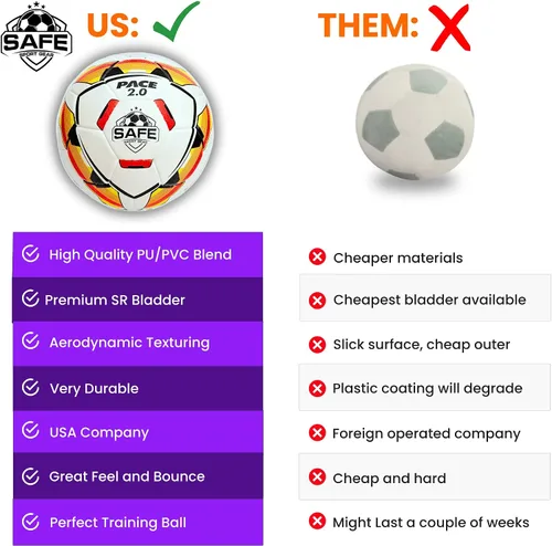 Vista 3 de Safe Sport Gear Pace 2.0 - Pelota de fútbol profesional, carcasa exterior de TPU, textura aerodinámica, sensación profesional y rebote, tamaño 5