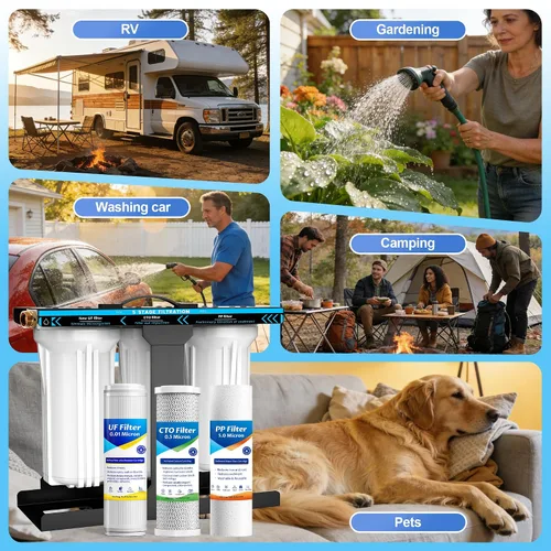 Vista 8 de Sistema de filtro de agua para RV, sistema de filtración de agua de 5 capas y 3 etapas, conectores rápidos de manguera sin plomo, filtros de 0.01