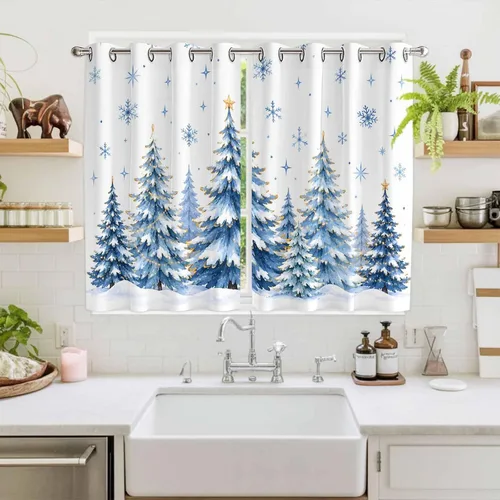 Vista 24 de Libaoge Cortinas de Navidad para cocina, dormitorio, juego de 2 paneles, diseño de muñeco de nieve de Navidad, cortinas de invierno con copos