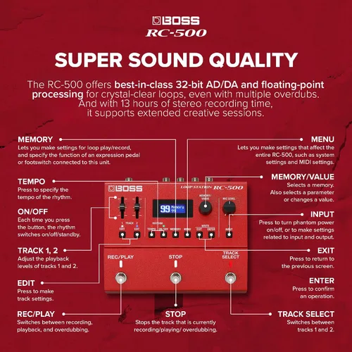 Vista 11 de BOSS RC-500 Loop Station Looper Avanzado de Dos Pistas con Mezcla Integrada y Opciones de Control Profundo Calidad de Sonido Líder en su Clase