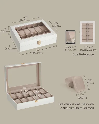 Vista 6 de SONGMICS Caja de reloj, caja de reloj de 12 ranuras con tapa de vidrio grande, almohadas extraíbles para reloj, organizador de caja de reloj, regalo