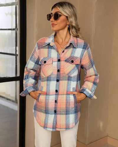 Vista 3 de GRAPENT Chaqueta acolchada con botones a cuadros de gran tamaño para mujer