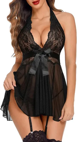 Vista 4 de Aossfre Babydoll de encaje con cuello en V para mujer, lencería sexy de malla