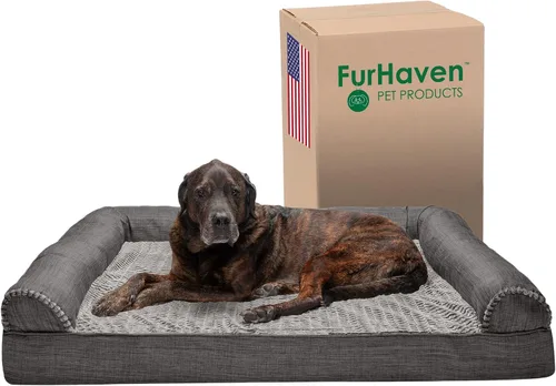 Vista 25 de Furhaven Cama para perro, de espuma viscoelástica, estilo sofá, Sherpa y chenilla, crema, M
