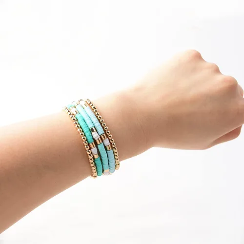 Vista 3 de Pulseras de cuentas de arcilla estilo heishi surfista para mujer, con discos de vinilo y dije de mal de ojo, apilables, pulseras elásticas